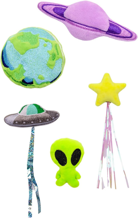 Cosmic Cat Toys: 5pc Catnip Cat Toy Set (Alien, Earth, Saturn, Shooting Star, UFO)