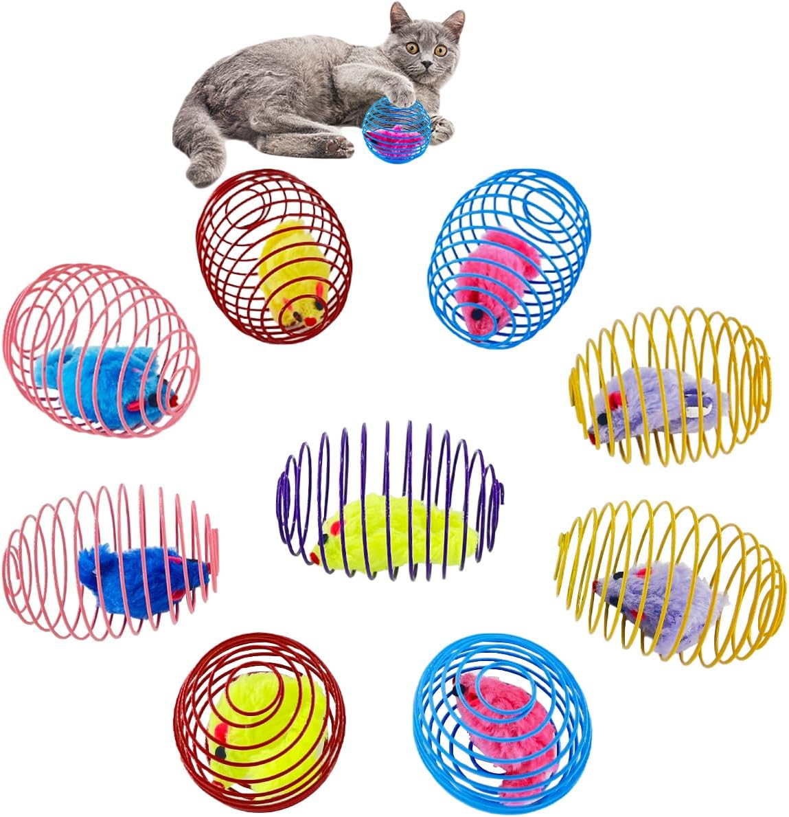 Cat Spring Toys 9 Packs Cat Spring Balls for Indoor Cats Metal Cage Balls with Mice, Cat Toys for Indoor Cats and Kitten, Interactive Cat Toys Cat Balls Mouse Toys, for All Breeds
