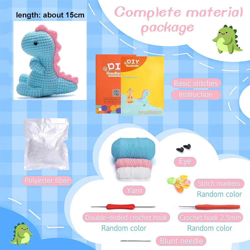 Blue/Yellow Dinosaur Crochet Animal Doll Kit with Essential Yarn Random Color Hook Knitting Accessories for Starter Beginners ShopOnlyDeal