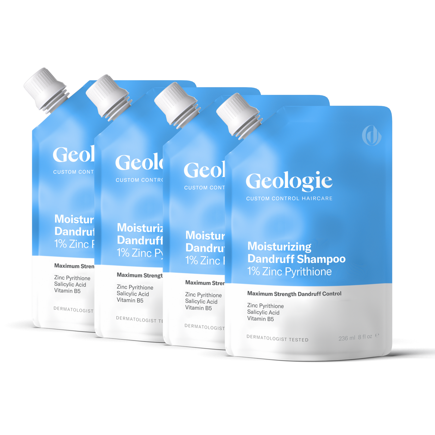 Collection of blue bottles of Geologie Moisturizing Dandruff Shampoo, designed to combat fungus and dry scalp, with varying zinc pyrithione concentrations.