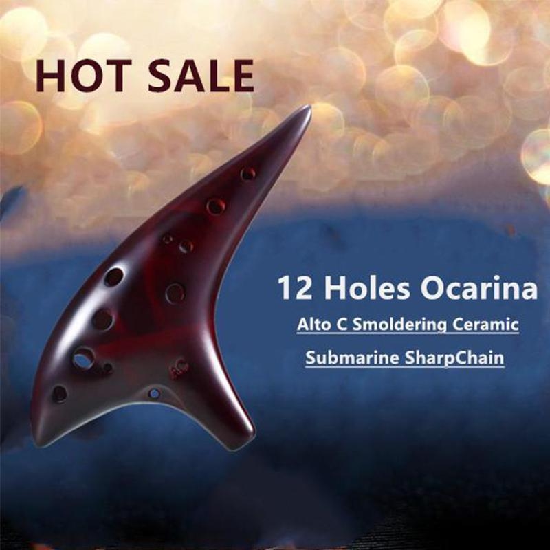HOT SALE-12 Holes Ocarina Alto C Smoldering Ceramic Submarine SharpChain +Display BaseS