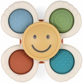 Itzy Ritzy Fidget Toy with Sensory Poppers & Suction Cup; Fidget Toy Sticks to Highchairs, Tables or Tubs While Spinning & Engaging Baby with 4 Textured Poppers, Smile