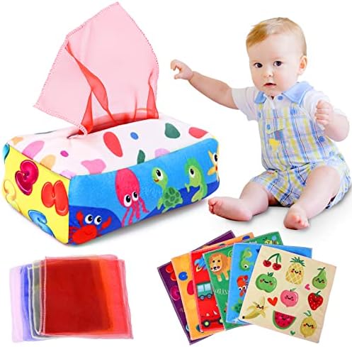 Baby Toys 6 to 12 Months - Baby Tissue Box Toy - Montessori Toys for 1 Year Old, Soft Stuffed High Contrast Crinkle Infant Sensory Toys, Boys&Girls Newborn Toys Kids Early Learning Toys Baby Gifts