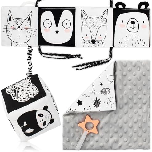 The Ultimate Tummy Time Toys Set of 3 - Soft High Contrast Book, Toy Block, Crinkle Paper and Teether - Stimulating Black & White Sensory Development Toys for Newborns & Infants 0-3, 0-6 Months