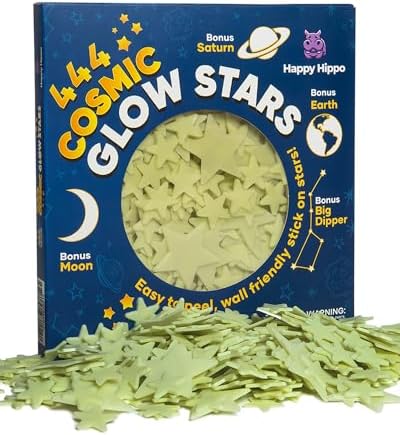 Happy Hippo 444 Glow in The Dark Stars for Ceiling with Bonus Moon, Earth, Saturn & Big Dipper Constellation; Christmas Stocking Stuffers for Kids, Glow Stars for Kids