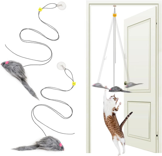 2 Pack Hanging Cat Toys Interactive Self Play, Hanging Mouse Cat Toy for Bored Indoor Adult Cats Kittens, 118 inches Adjustable Bouncy String Cat Teaser Toy, with Adhesive Hooks