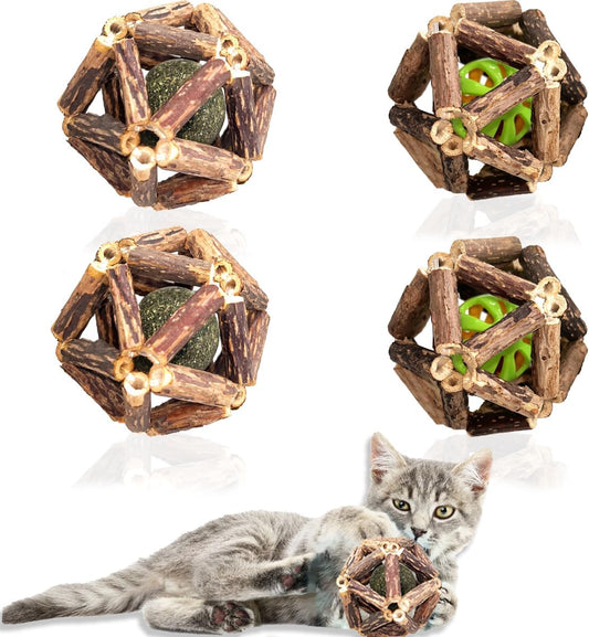 Cat Toys, 4 Packs Catnip Ball Toys, Nature Silvervine Stick Cage Cat Bell Balls, Catnip Toys for Cleaning Teeth, Relaxing Cats, for All Breeds