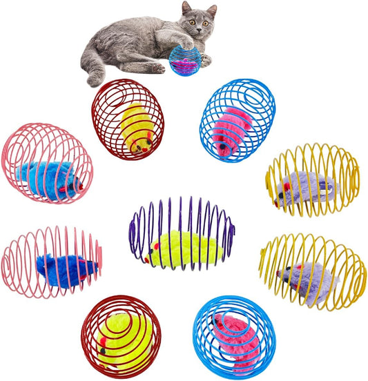 Cat Spring Toys 9 Packs Cat Spring Balls for Indoor Cats Metal Cage Balls with Mice, Cat Toys for Indoor Cats and Kitten, Interactive Cat Toys Cat Balls Mouse Toys, for All Breeds