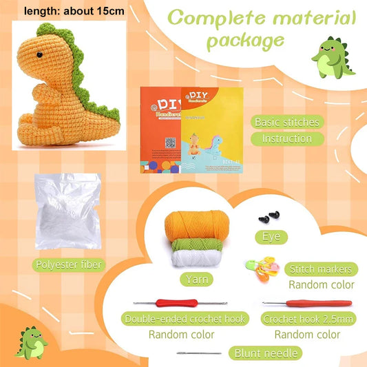 Blue/Yellow Dinosaur Crochet Animal Doll Kit with Essential Yarn Random Color Hook Knitting Accessories for Starter Beginners ShopOnlyDeal